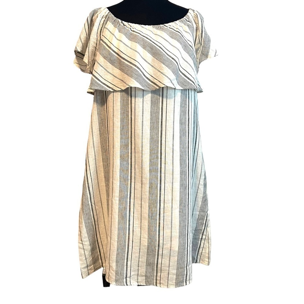 Saks Fifth Avenue Linen Blend Off Shoulder Tiered Striped Dress Women's Small